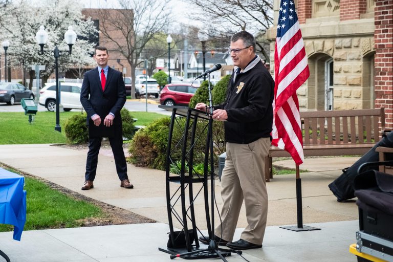 Sheriff Jeff Siegel introducing Captain Mike Culp @ announcement rally in Goshen, Indiana.
