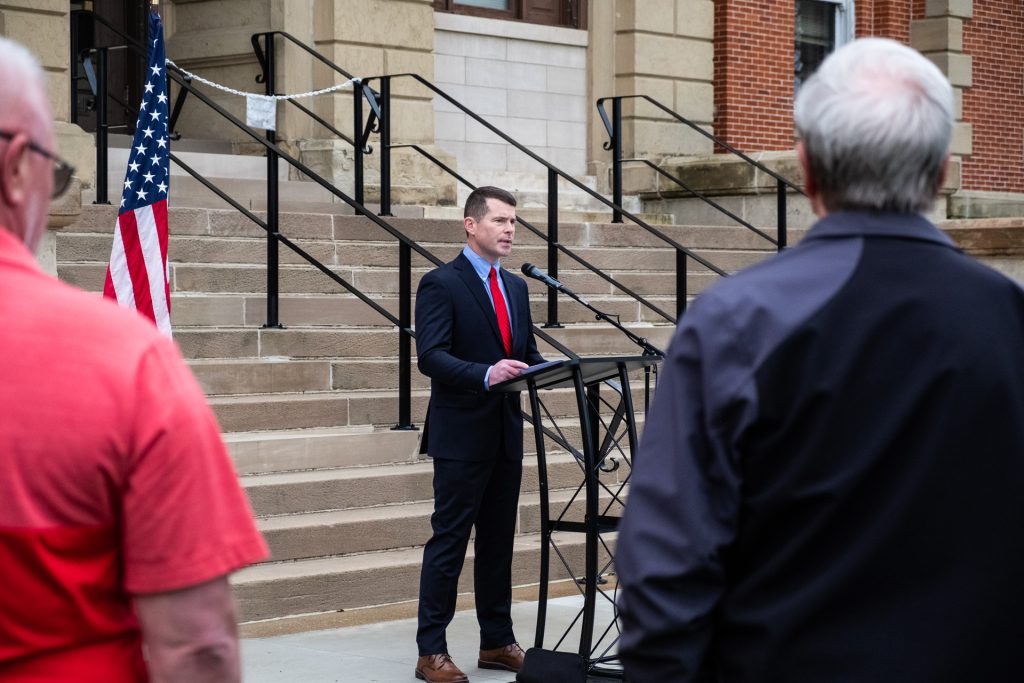 Mike Culp speaking to supporters in front of the Elkhart Co. Courthouse, in Goshen, Indiana. Culp for Elkhart County Sheriff Campaign.